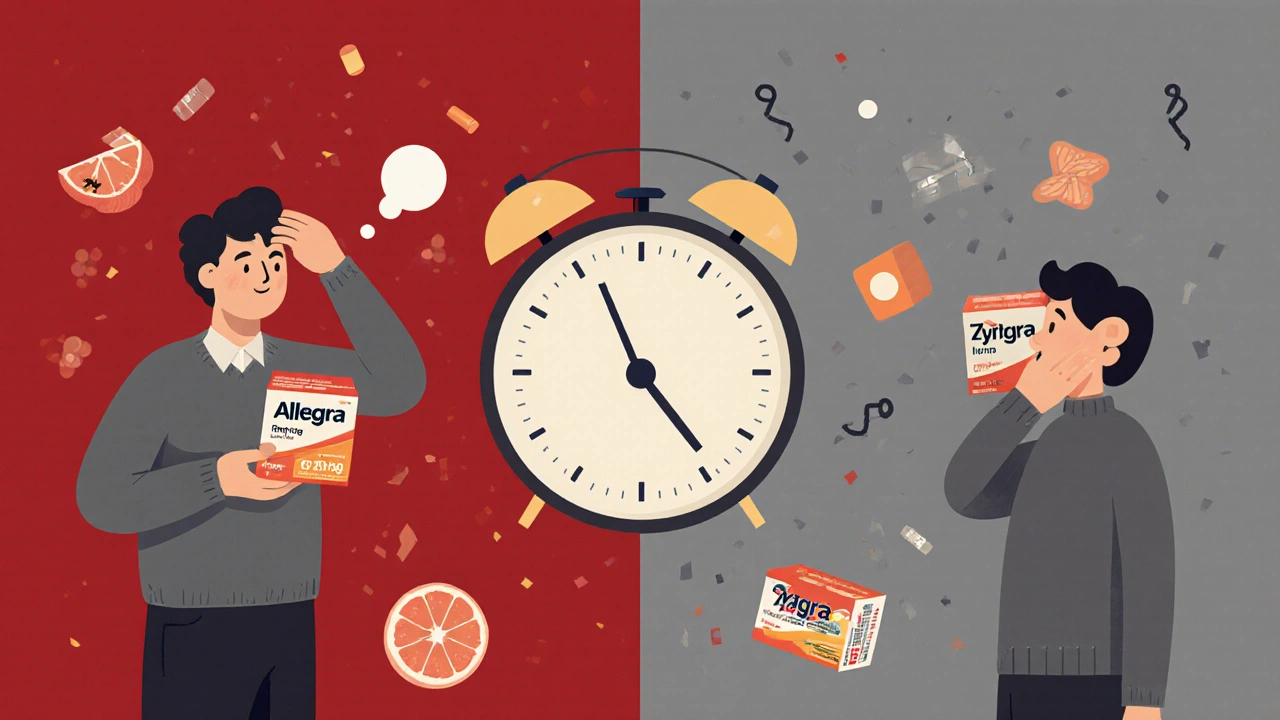 Split scene: one person clear-headed with Allegra, another foggy with Zyrtec, symbolic grapefruit and antacids floating between.