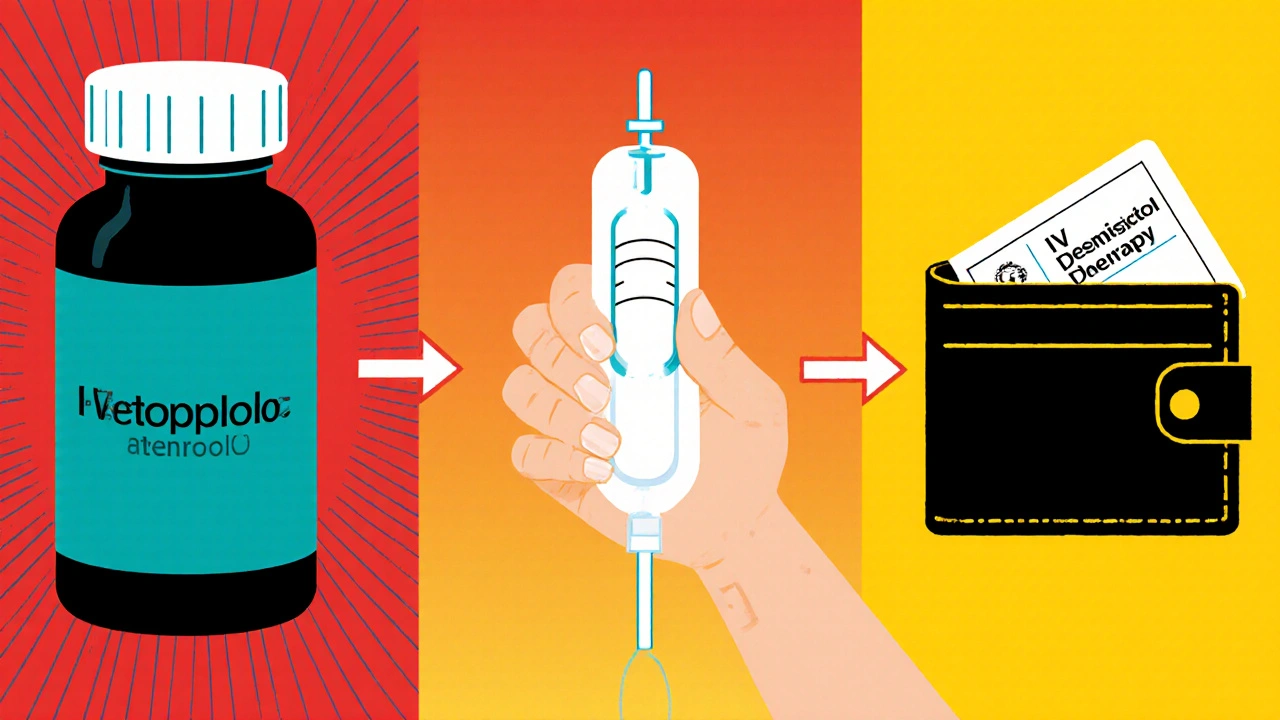 Three panels showing alternative pill, IV desensitisation drip, and allergy card held by a person.