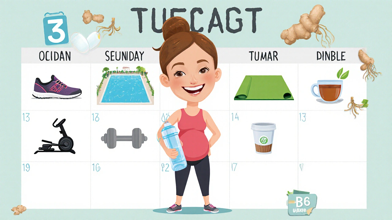Weekly planner icons for a pregnant woman's exercise routine with water bottle and ginger.