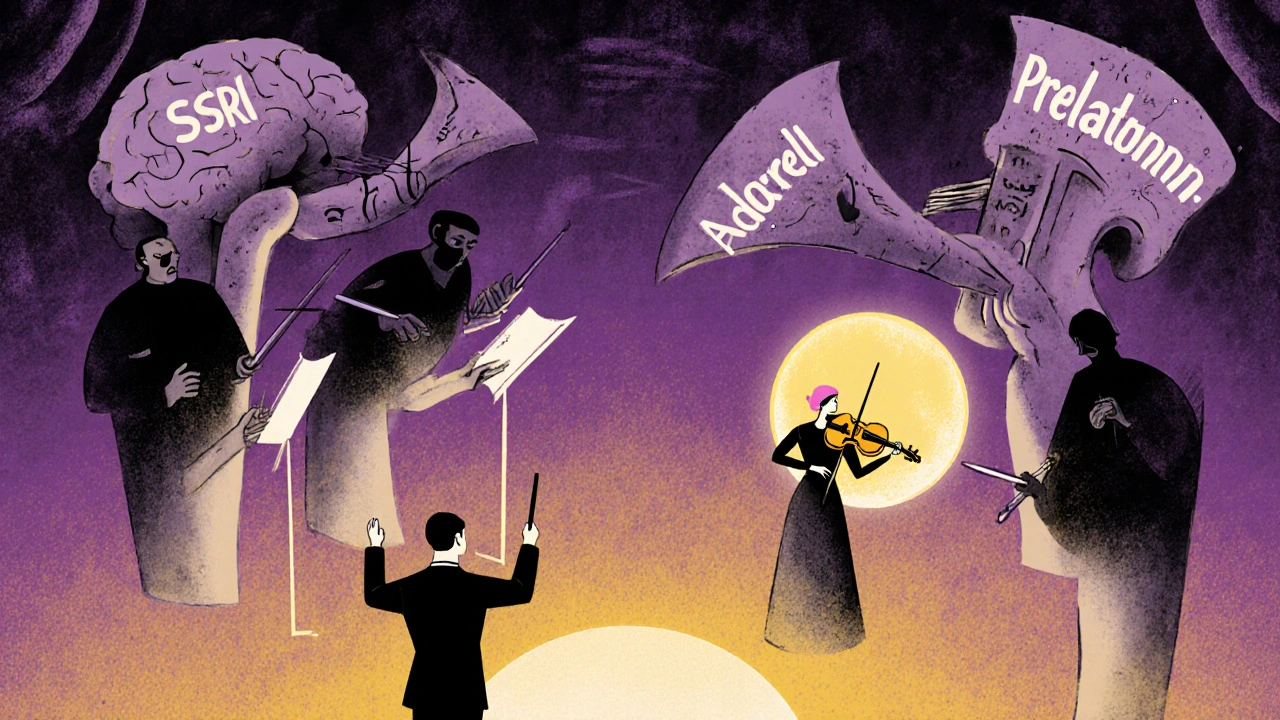 A brain as an orchestra with disruptive instruments and a calming melatonin violinist restoring sleep rhythm.