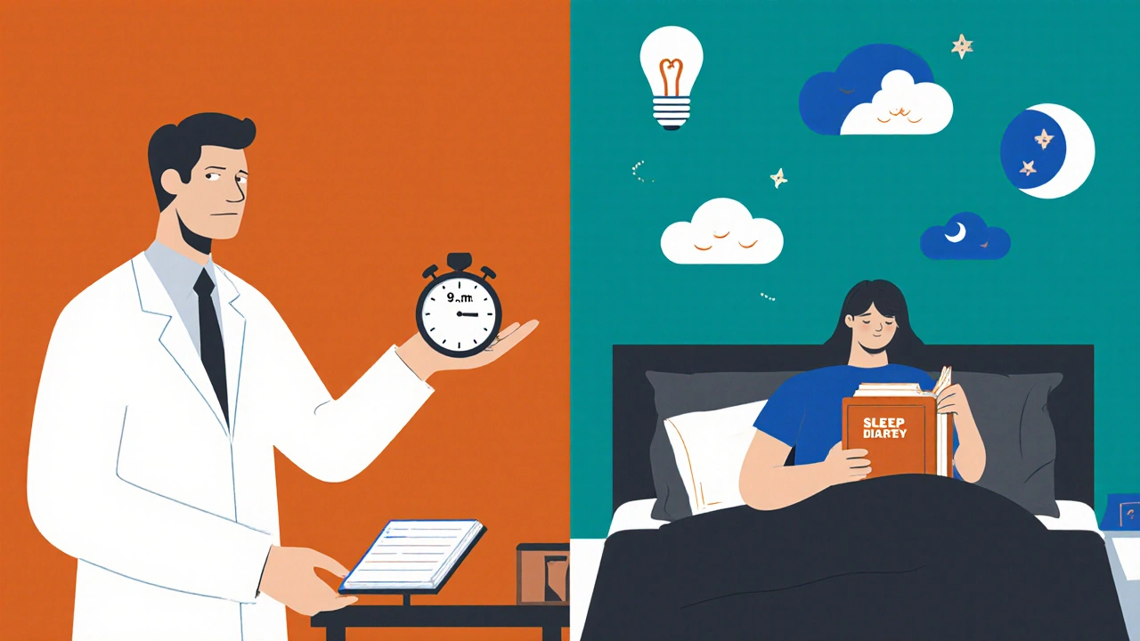 A doctor gives a patient a clock and lightbulb while the patient records sleep in a diary, symbolizing solutions.