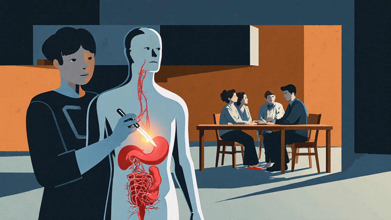 A doctor performing a nerve block on a transparent torso, with a patient peacefully eating at a table behind, in Polish poster style.