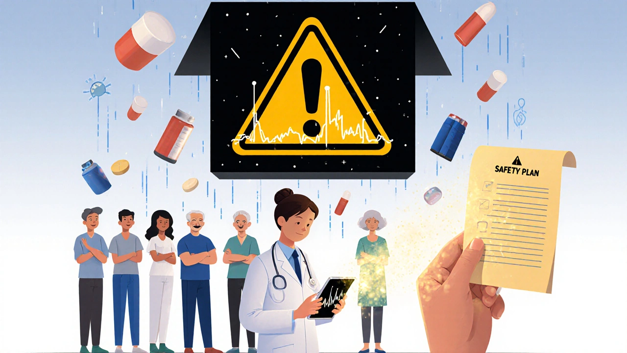 A doctor with a monitoring app as patients stand under a black box warning, with medications raining down and a safety plan glowing below.