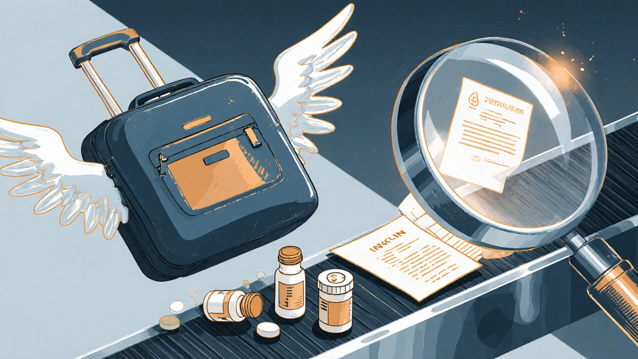 A floating travel bag at airport security, spilling medical supplies under a magnifying glass.