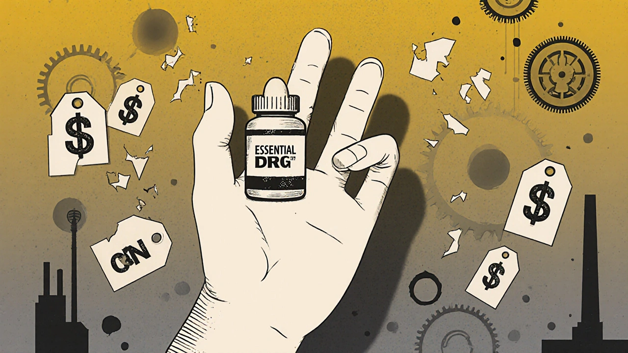 A giant hand holding a single pill amid shattered price tags and broken machinery, representing fragile drug supply.