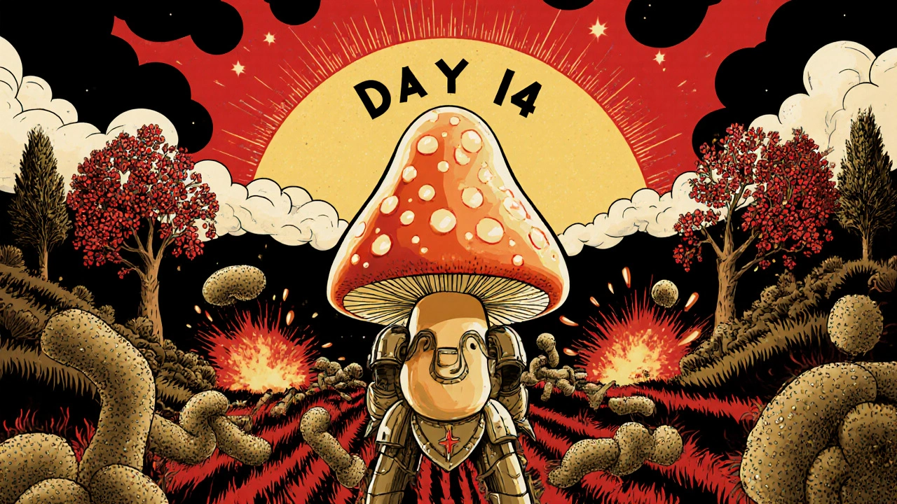 A glowing yeast knight survives antibiotic blasts while a healthy gut blooms behind it, symbolizing recovery after 14 days.