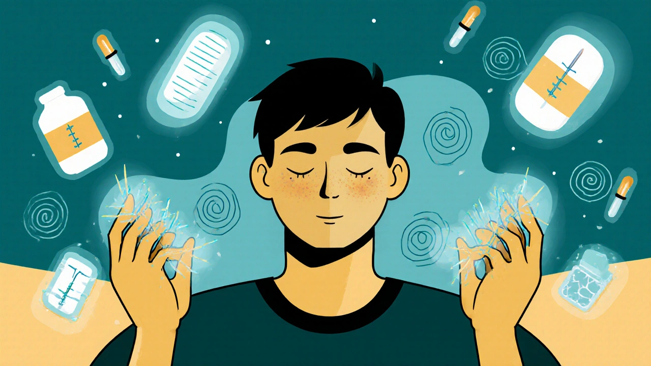 A meditating patient surrounded by glowing acupuncture needles and mindfulness symbols, with medical icons fading away, in Polish poster style.