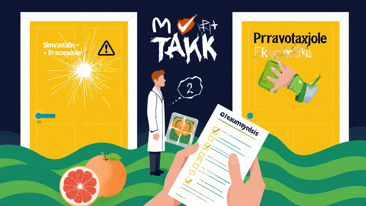 A pharmacist guarding two paths—one dangerous, one safe—for statin and antifungal combinations, with grapefruit and fungus nearby.