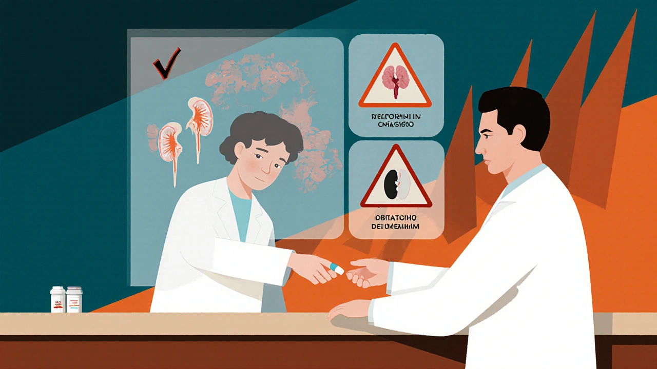 A pharmacist handing a pill while X-ray view shows hidden organ damage from drugs.