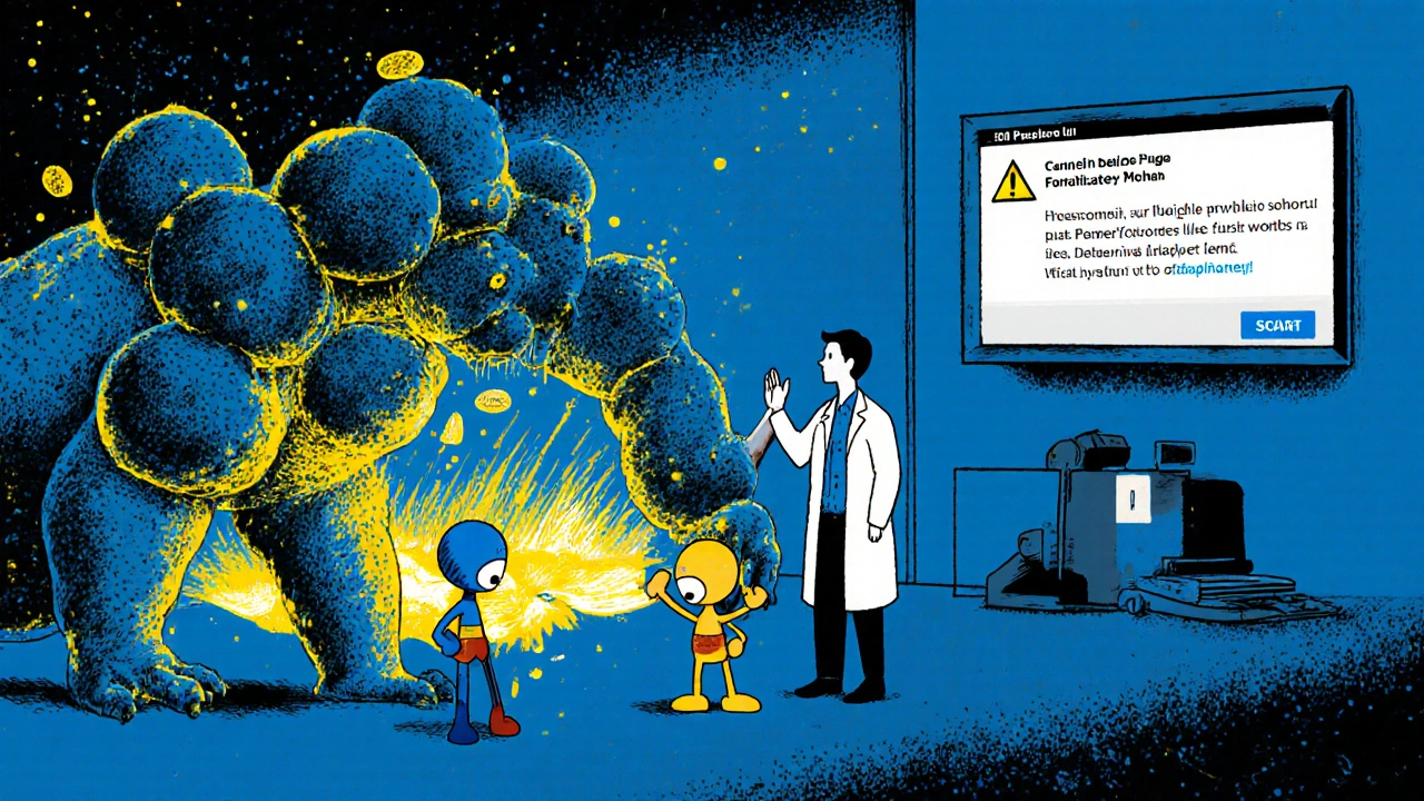 A statin and antifungal molecule teaming up to destroy a multi-headed fungus, with a doctor and EHR alert in the background.