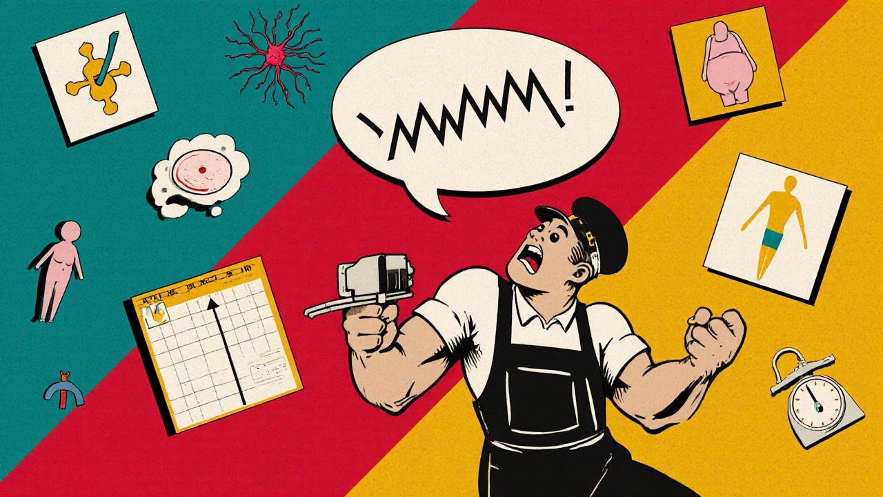 A worker gripping a heavy tool while a screaming nerve floats above, surrounded by health risk symbols in bold poster style.