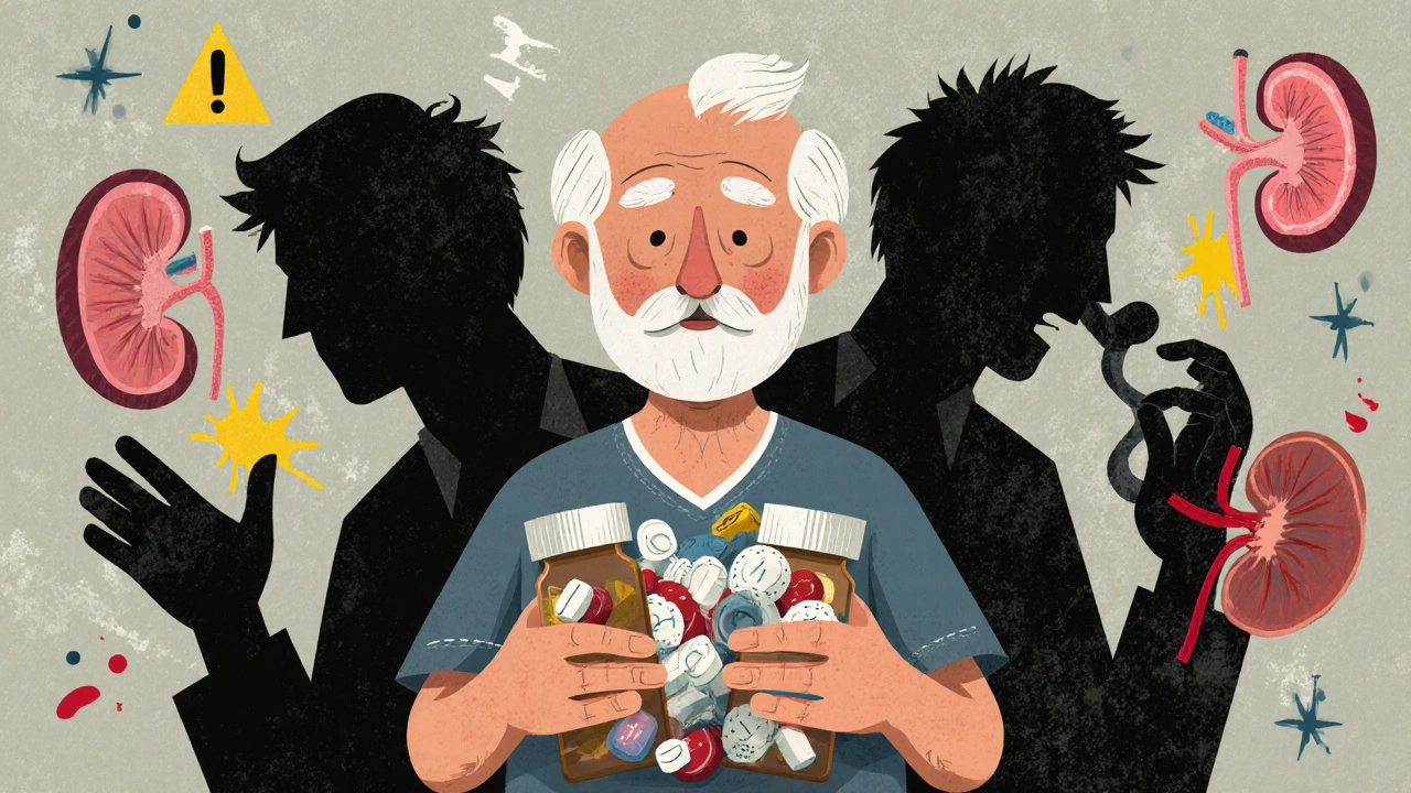 An elderly person surrounded by shadowy disease figures pulling at their medications.