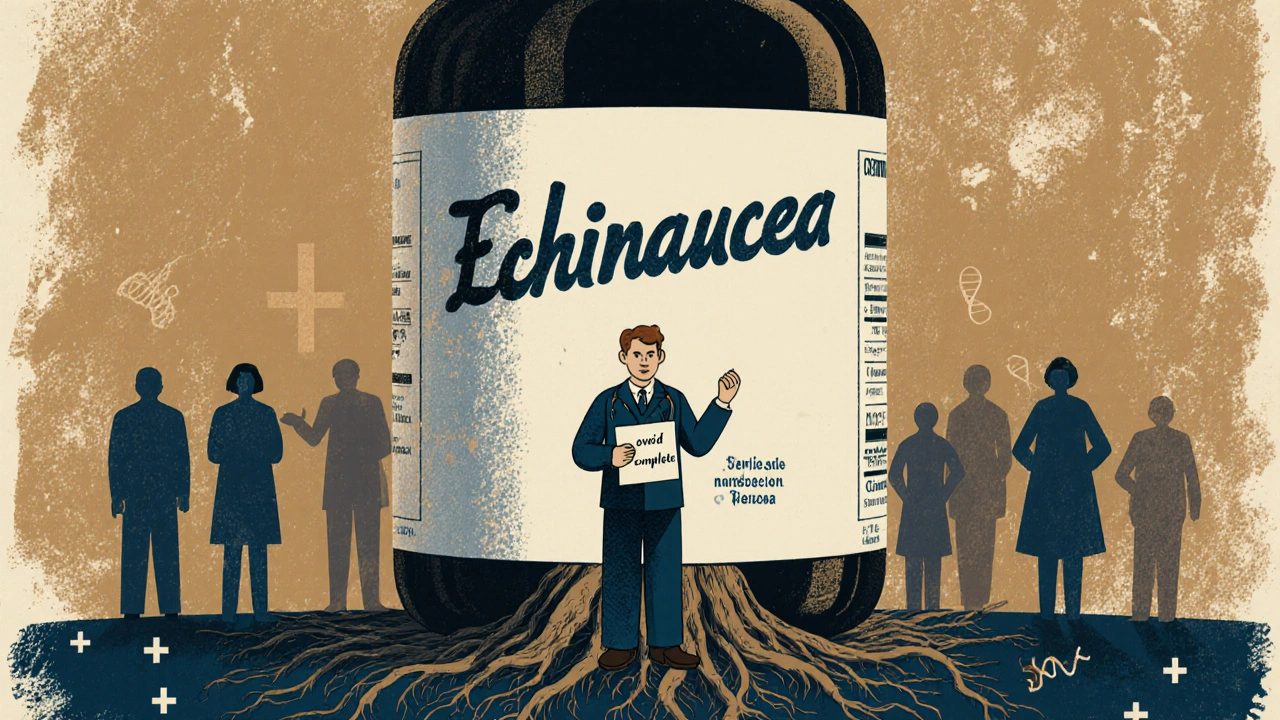 An oversized echinacea bottle pulling sick patients into its roots, surrounded by fading medical symbols in a vintage poster style.