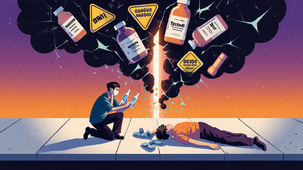 Bystander administering naloxone to an unconscious person as shattered medication bottles release dark smoke above.