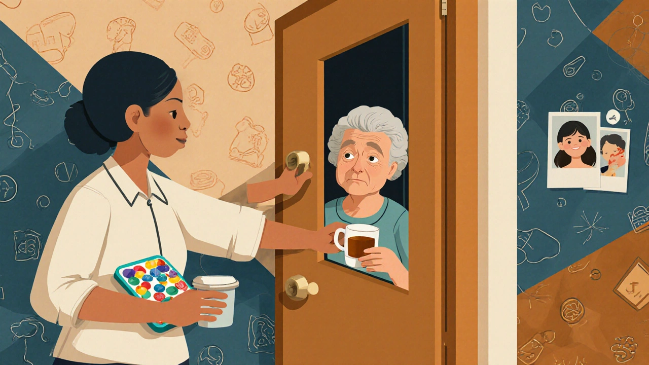 Community health worker visits an elderly woman at her door, offering tea and a pill box.