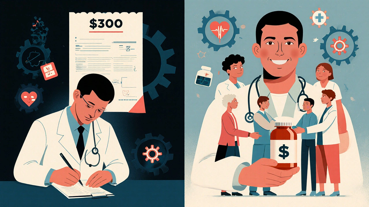Contrasting scenes: solitary doctor with expensive prescription vs. team handing patient a low-cost generic pill with saving icons.