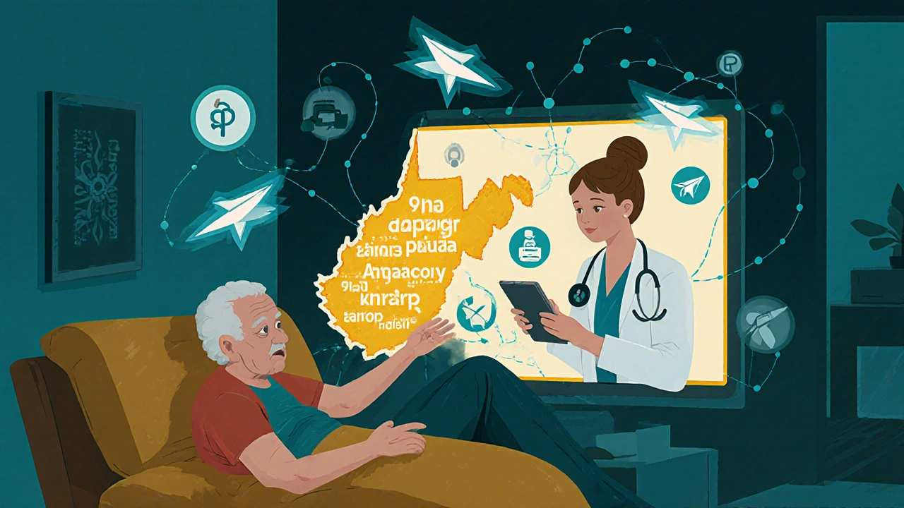 Elderly patient in rural home video-calling a pharmacist, with AI drug suggestions floating as paper airplanes and a map of West Virginia in background.