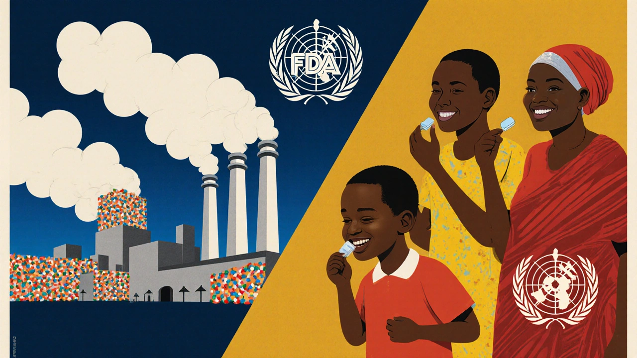 Indian drug factory on one side, patients in Africa and Europe smiling with medicine on the other.