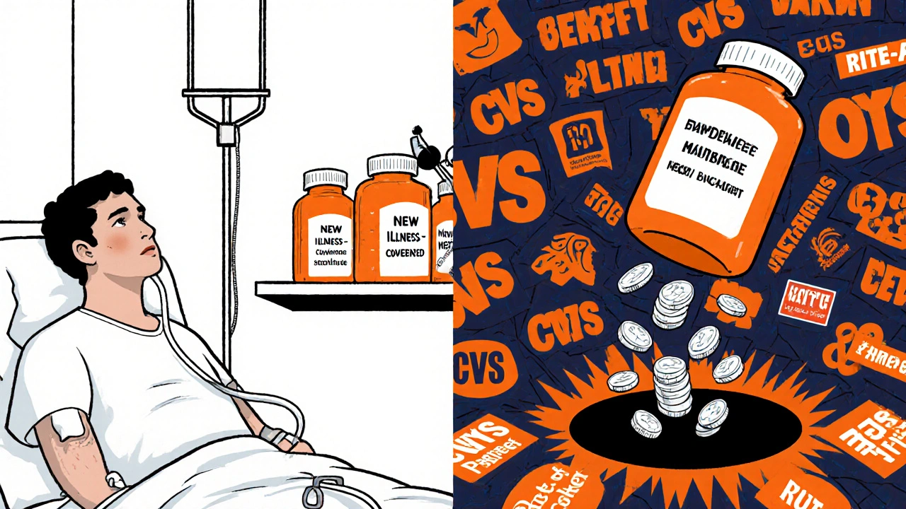 Patient in hospital with floating pharmacy shelf showing covered vs. uncovered meds