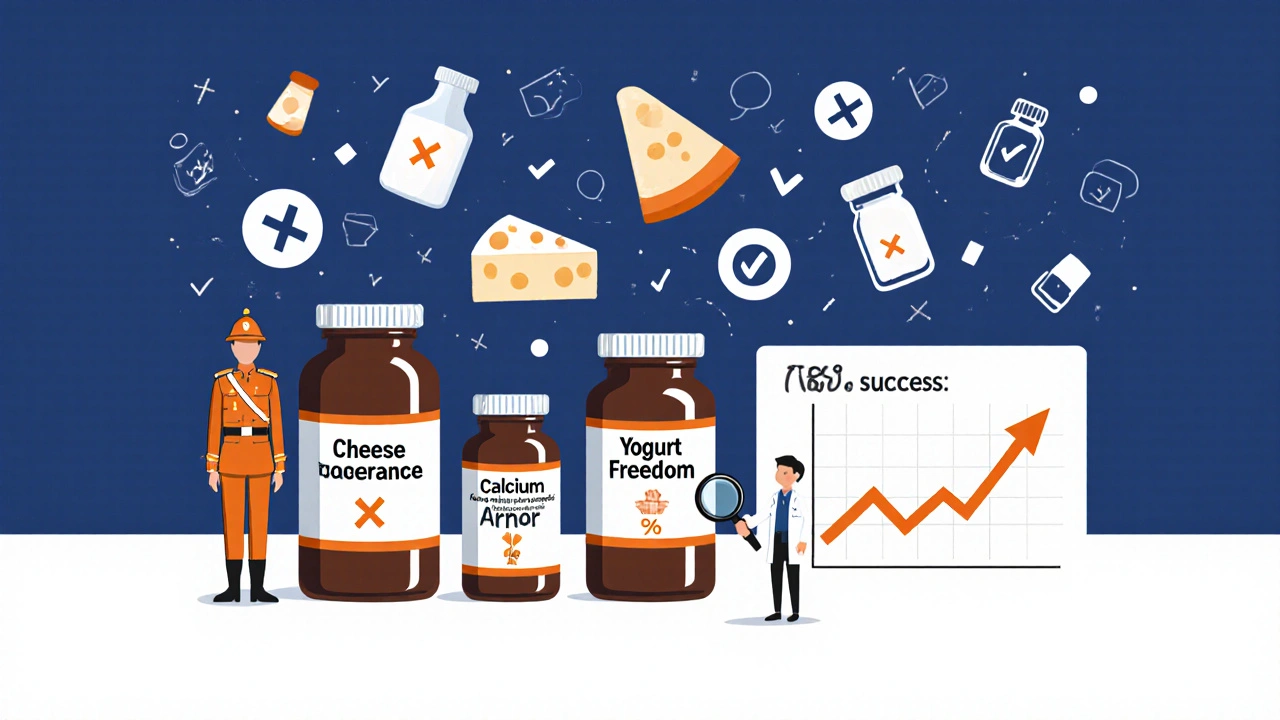 Pharmacy shelf with lactase pills and tolerance jars, illustrated in symbolic Polish poster design.