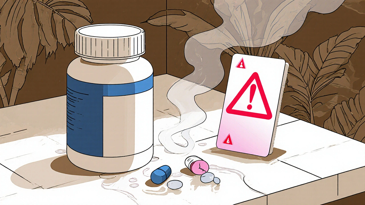 Pill bottle on a wet bathroom counter with a humidity card turning pink, cracked tablets, and steam rising in graphic style.
