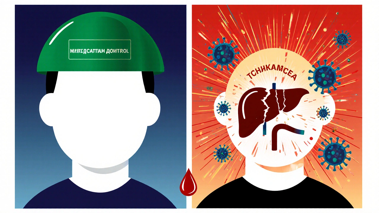 Split image: a calm patient under medical control vs. a chaotic one shattered by echinacea, with exploding immune cells and damaged organs.