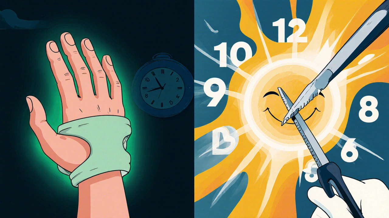 Split image: a hand in a splint on one side, surgery releasing a nerve on the other, symbolizing treatment options.