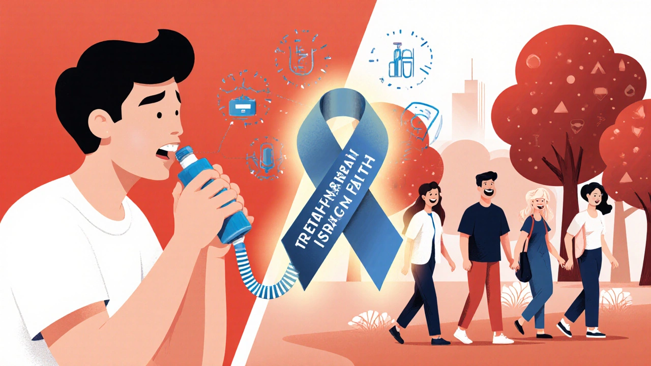 Split image showing COPD patient’s life before and after treatment with medical icons along a path.