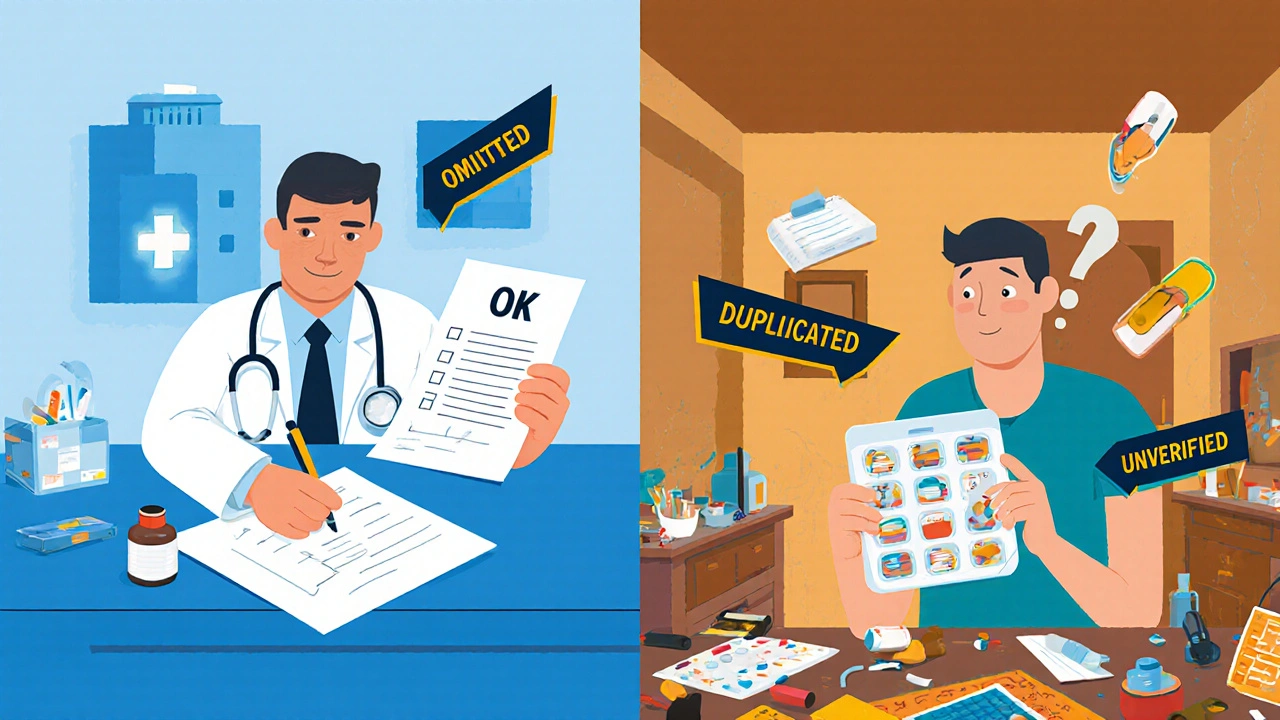 Split scene: hospital discharge form vs. patient’s real pill organizer at home, showing medication mismatch.