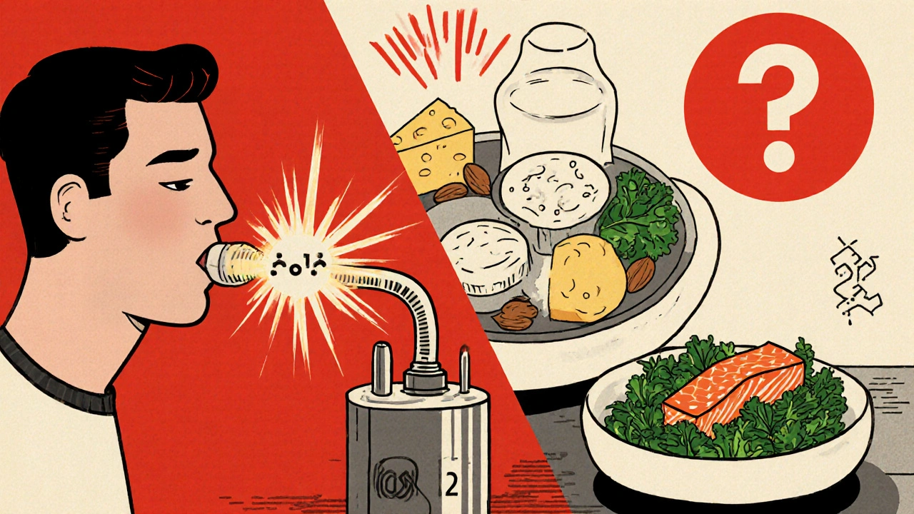 Split scene of hydrogen breath test next to dairy alternatives and calcium-rich foods in bold graphic style.