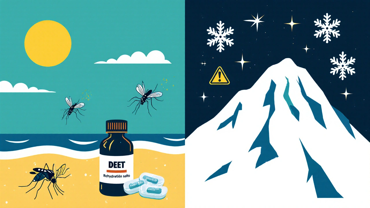 Split scene: tropical beach with insect repellent and mountain peak with altitude sickness pills.