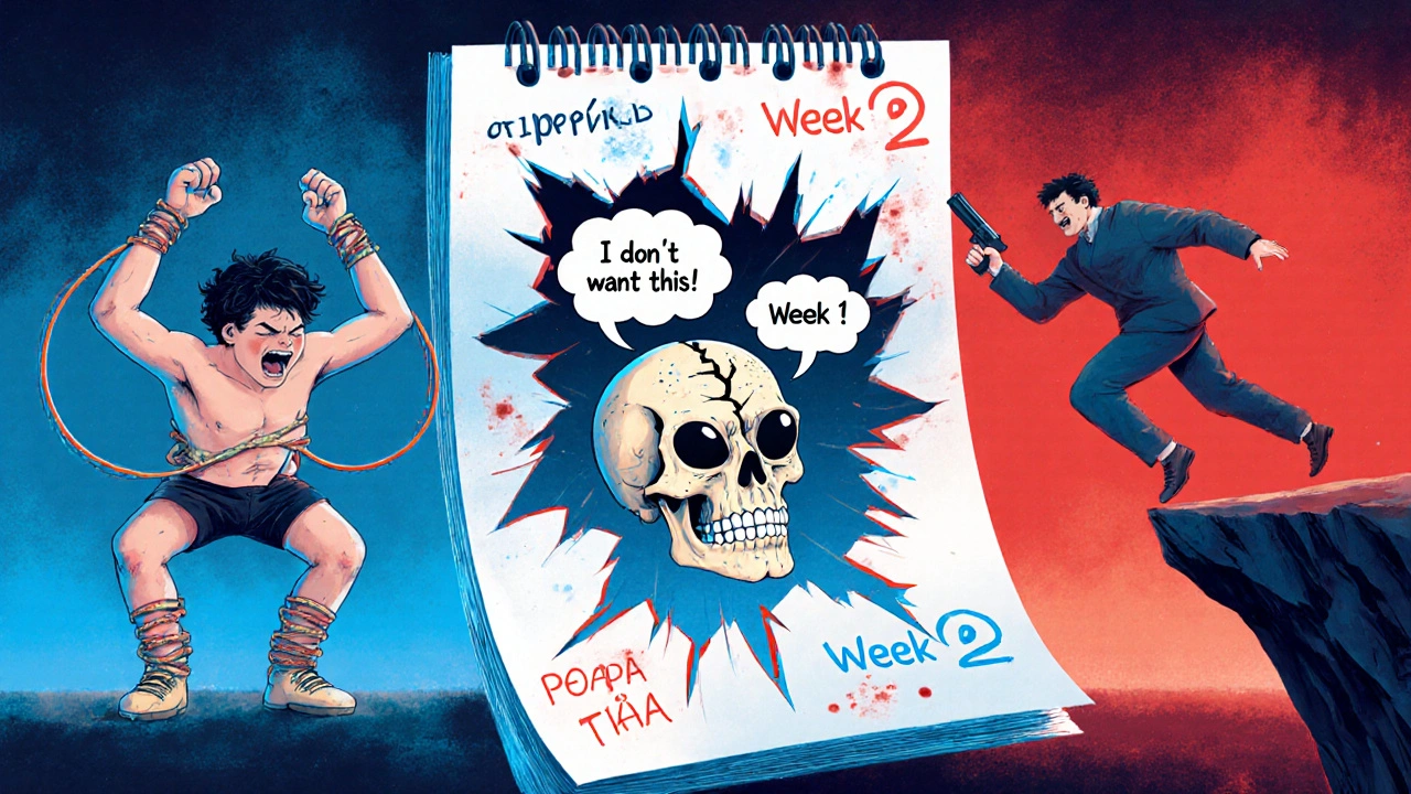 Three surreal figures representing restlessness, alien thoughts, and impulsivity, framed by a torn calendar showing the high-risk first two weeks.