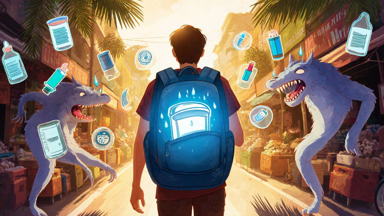 Traveler walking through a market with a glowing sealed container protecting medications from cartoon moisture monsters.