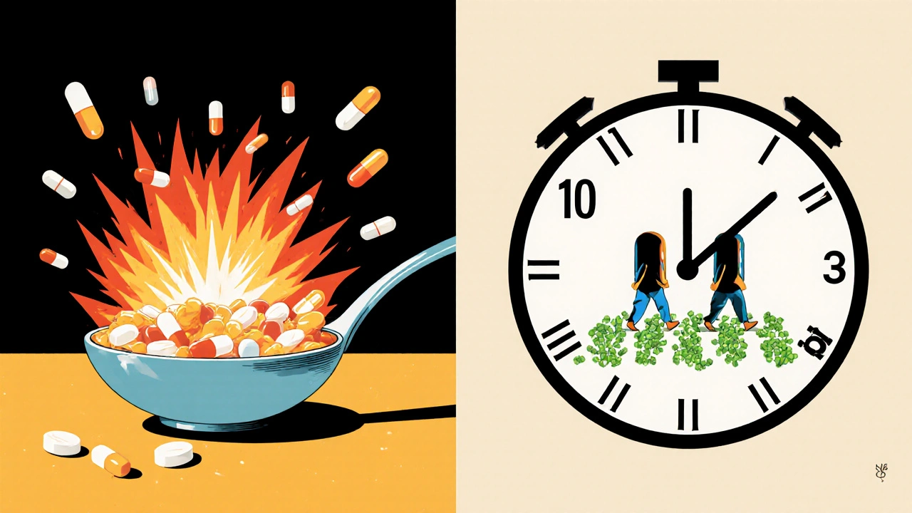 Two panels: one shows pills mixed together in chaos, the other shows them spaced hours apart with thriving bacteria trails.