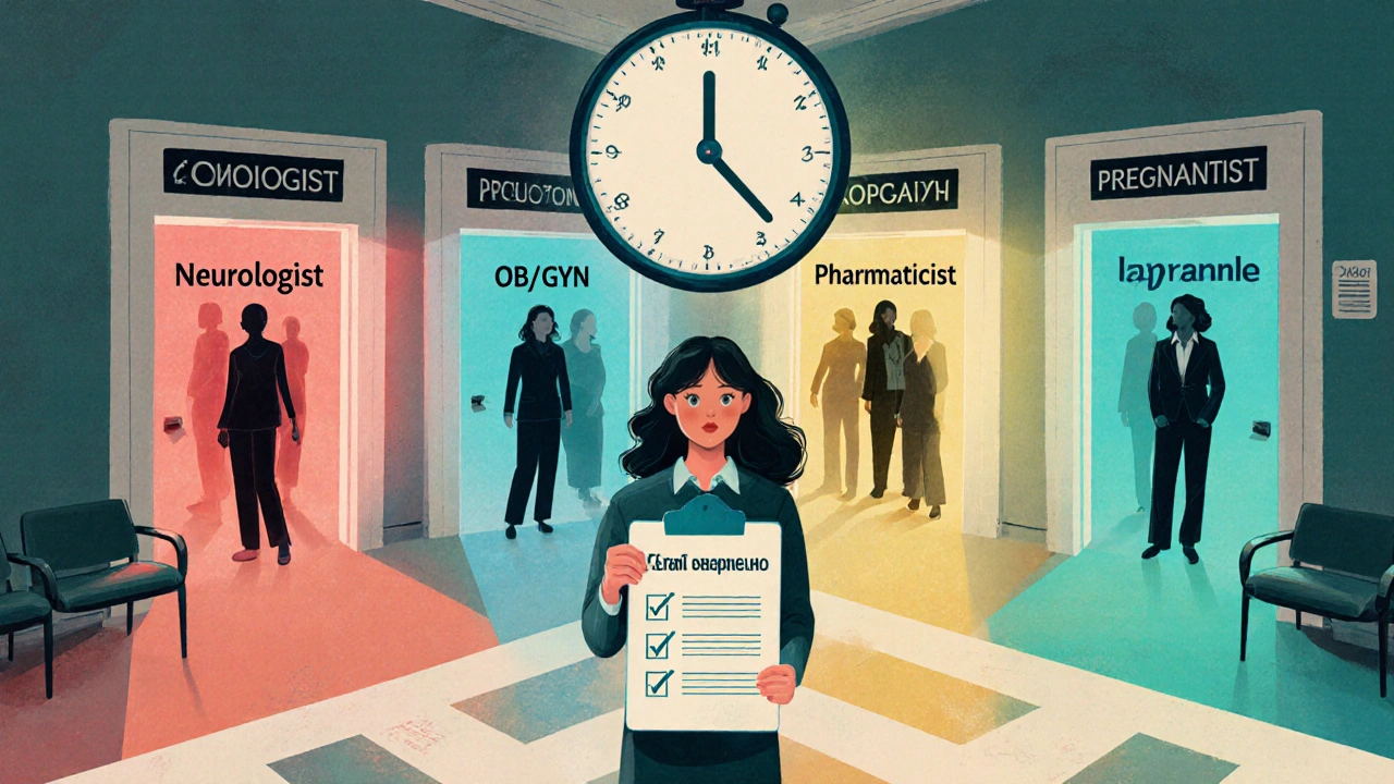 Woman at a crossroads of medical specialists, clock ticking backward, checklist in hand, symbolizing preconception planning.