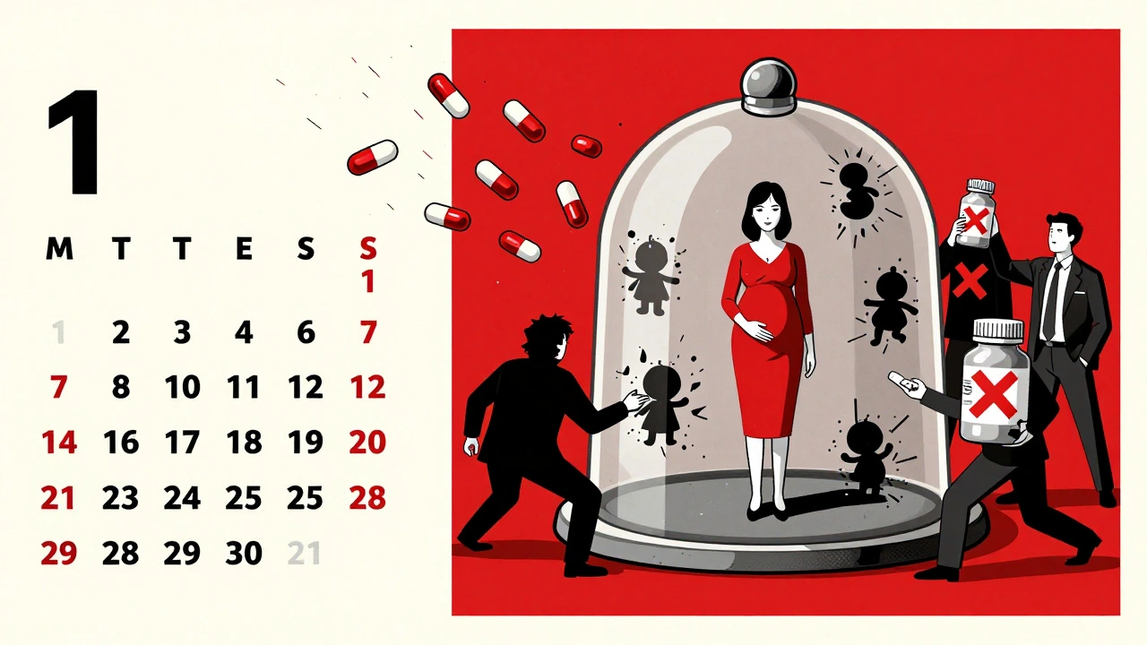 A calendar flips from day 1 to 28 as rifampin pills fall, while a woman is protected by a copper IUD dome.