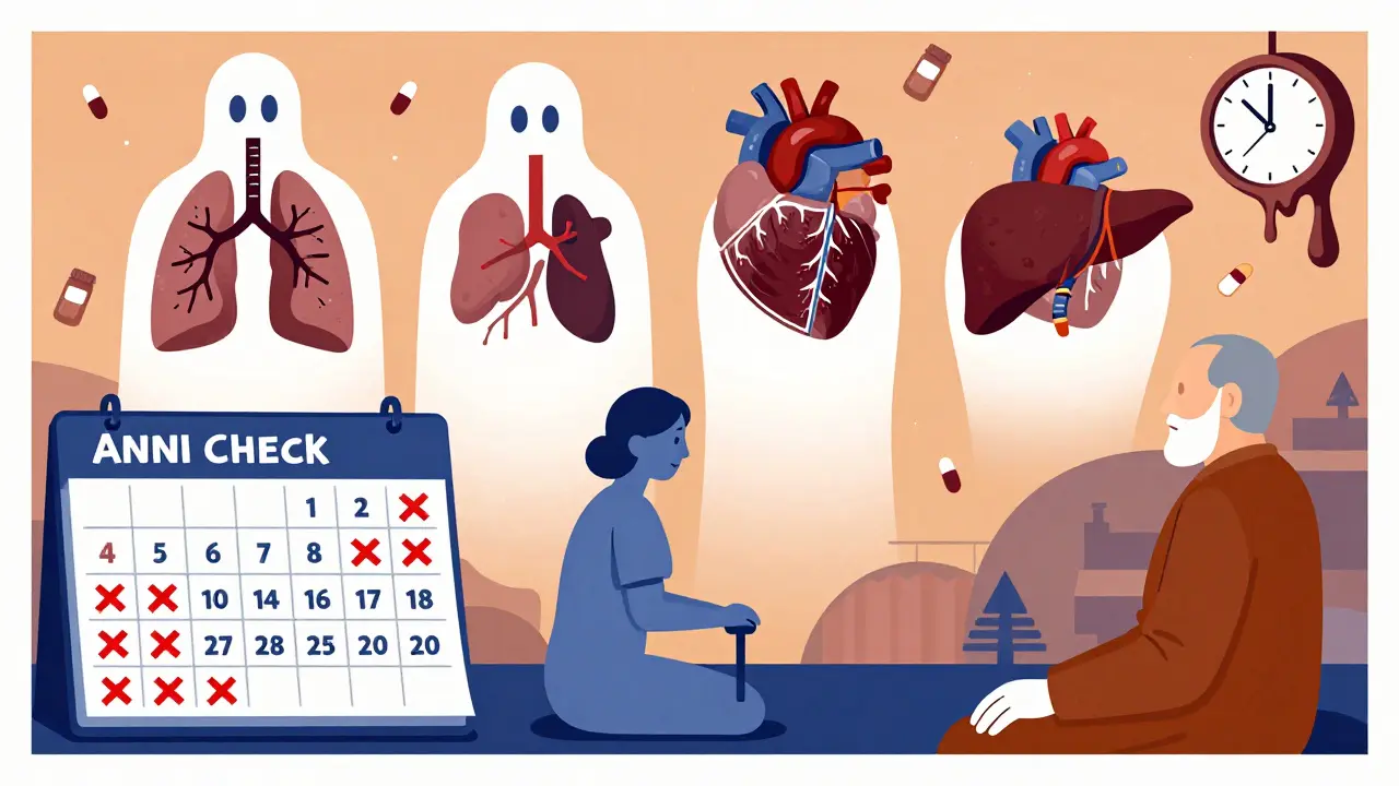 A calendar with missed blood tests, ghostly organ damage growing above it over time.