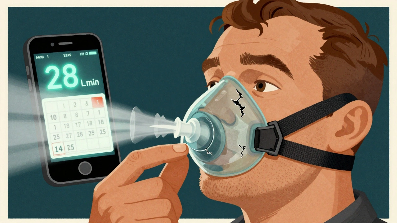 A cracked CPAP mask leaks air dramatically while a hand adjusts straps lightly, with a phone showing high leak levels.