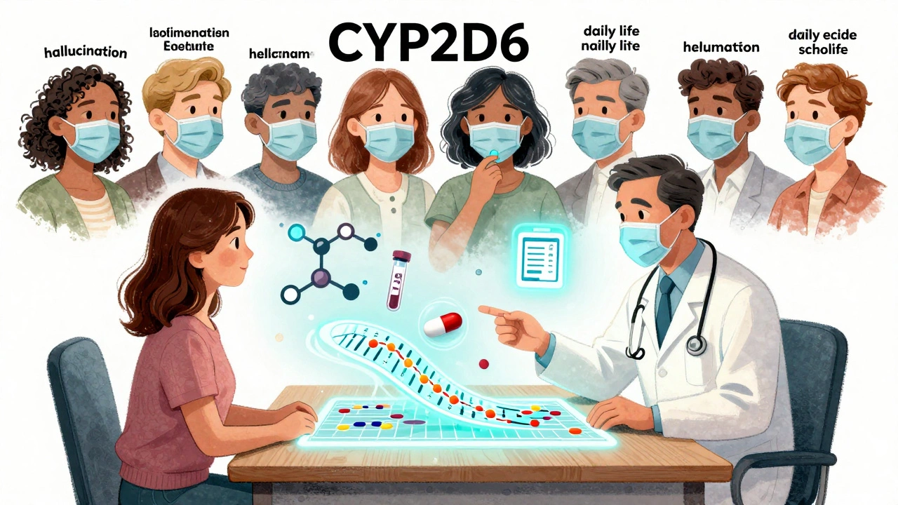 A doctor and patient with a genetic map between them, surrounded by symbols of personalized treatment: blood tests, metformin, and a digital app.