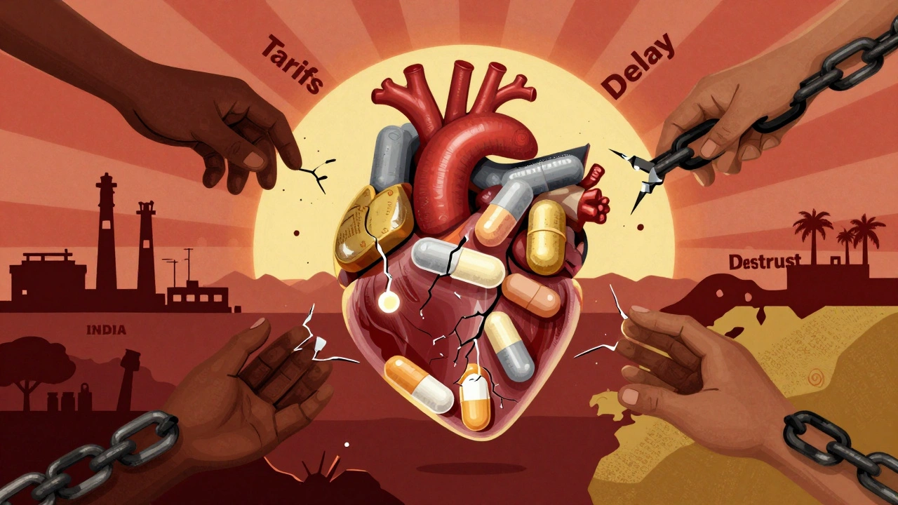 A heart made of pills, half cracked and branded, half glowing generics, surrounded by hands breaking chains of barriers.