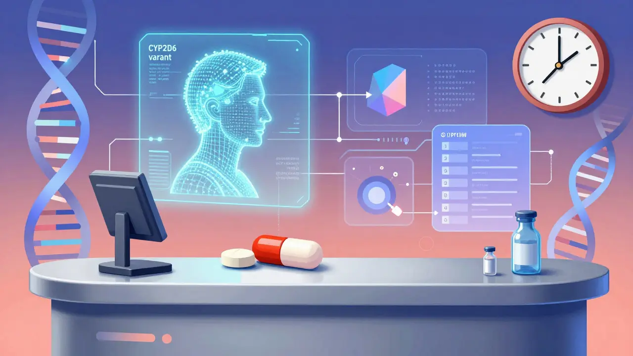 A holographic patient profile above a combination pill, with genetic markers and AI analysis in abstract geometric forms.