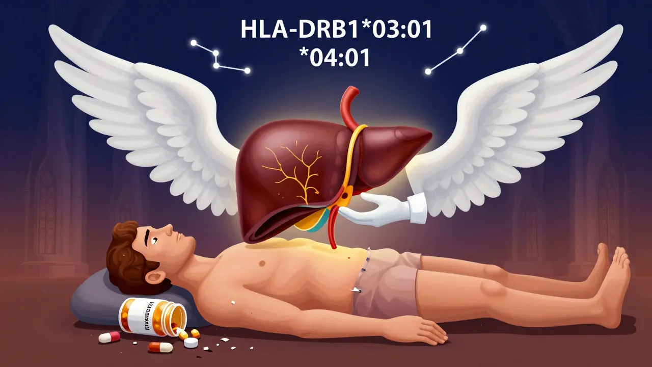 A liver transplant as a sacred act, with genetic markers glowing like stars above.