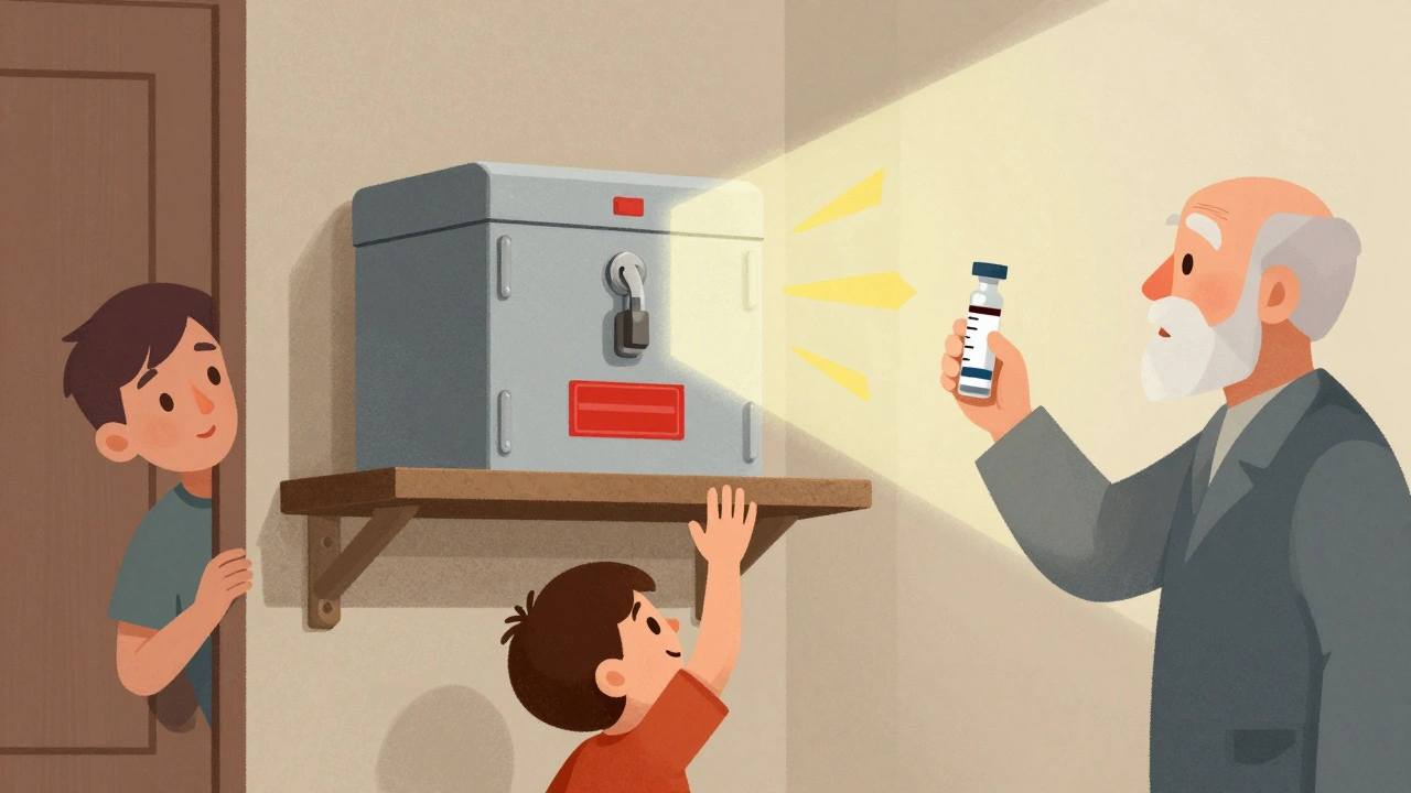 A locked medicine box on a high shelf, with a child and teen reaching toward it, symbolizing secure storage.