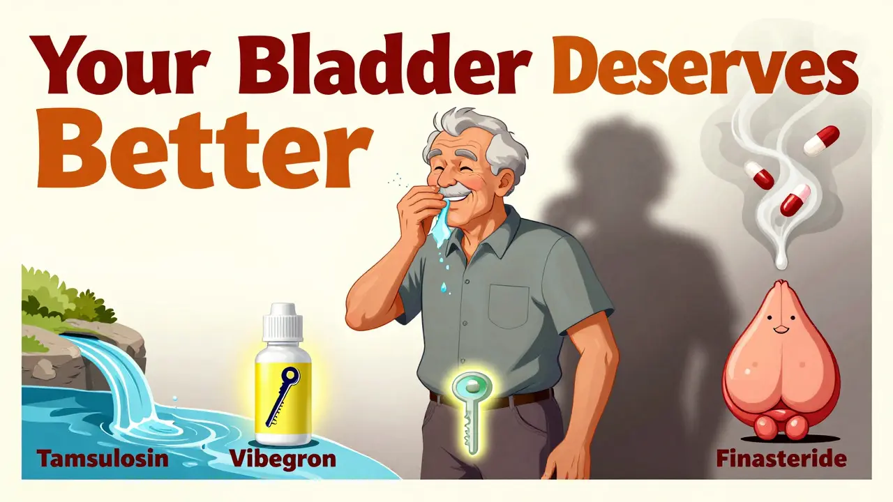 A man urinating freely beside safe medication icons, while anticholinergic pills vanish into smoke.