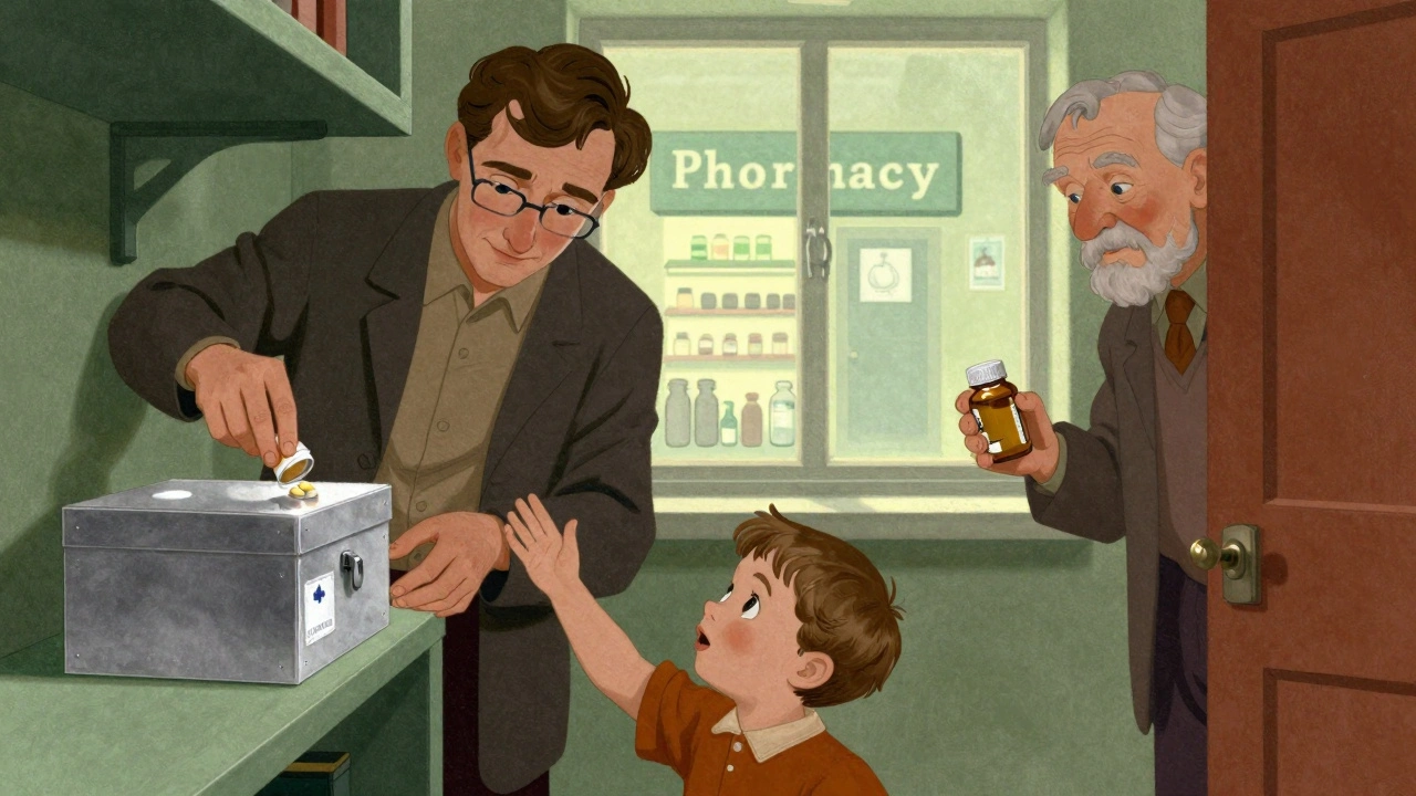A parent puts medicine in a locked box as a child reaches up, a grandparent watches, and a pharmacy sign glows in the distance.
