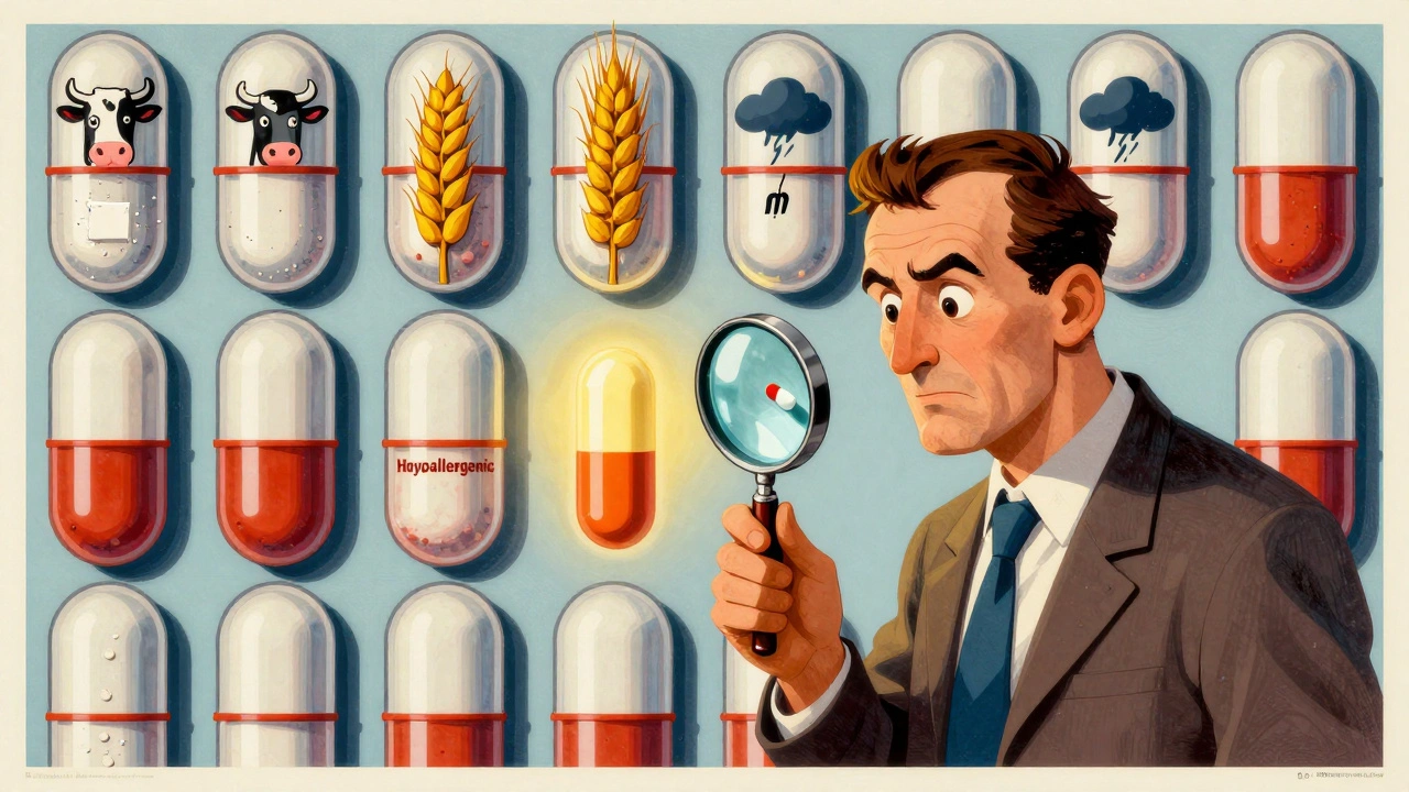 A patient using a magnifying glass on a pill, with hidden allergens shown as symbolic cartoon icons on surrounding pills.
