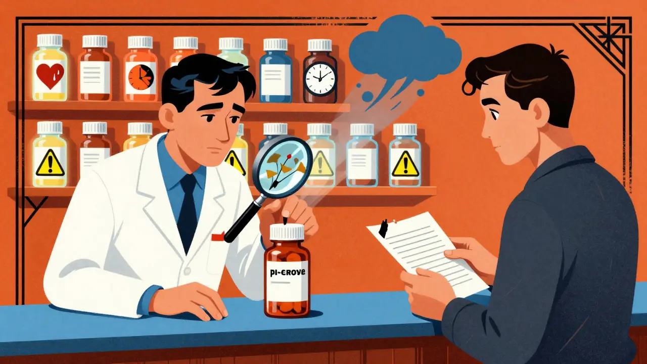 A pharmacist examines a ginkgo bottle revealing hidden blood-thinning daggers, surrounded by warning symbols.
