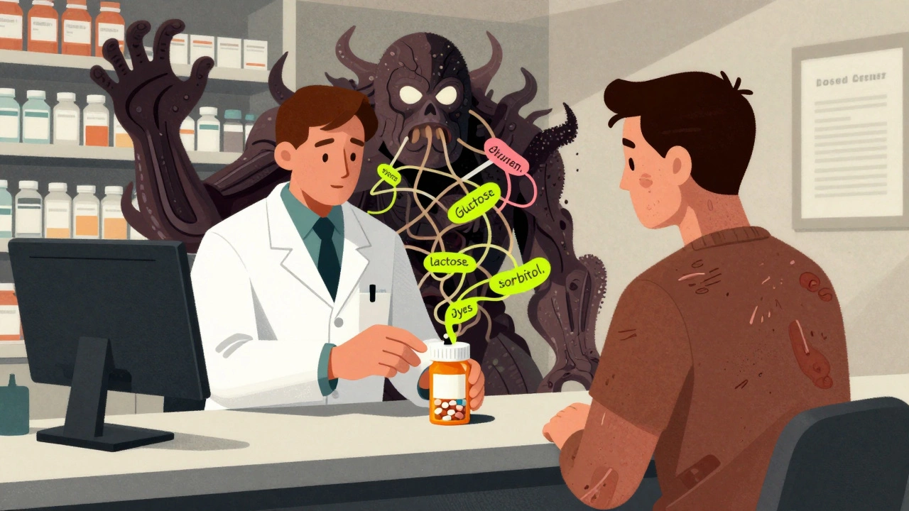 A pharmacist handing a pill bottle while allergens form a monstrous shadow behind the patient.