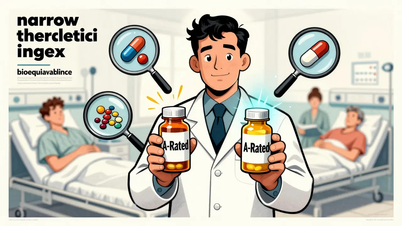A pharmacist holding two identical pill bottles, one sparking with hidden formulation differences revealed by magnifying glasses.