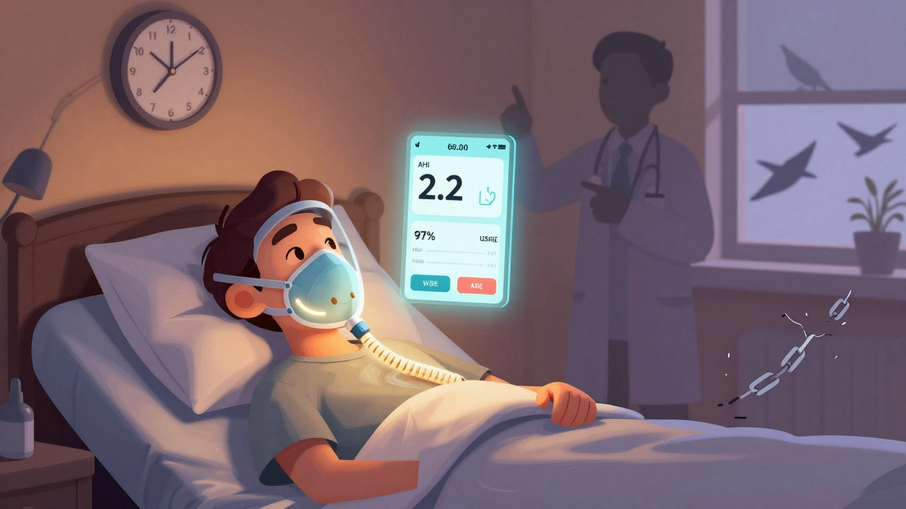 A satisfied user sleeps with a full-face mask, glowing tubing, and a sleep app displaying low apnea events.